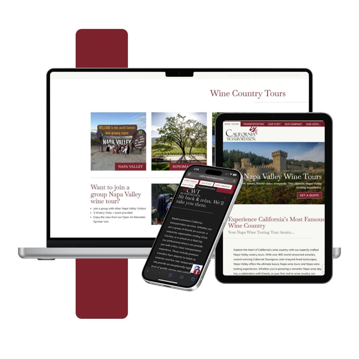 Screenshot of CWT landing pages on responsive devices: desktop, mobile, tablet