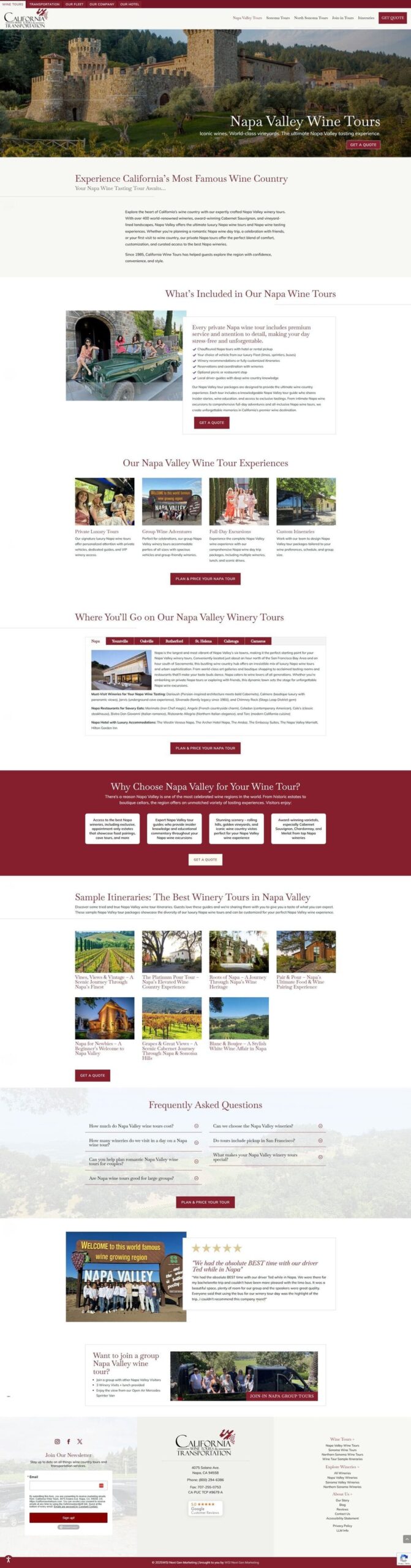 Screenshot of California Wine Tours website homepage