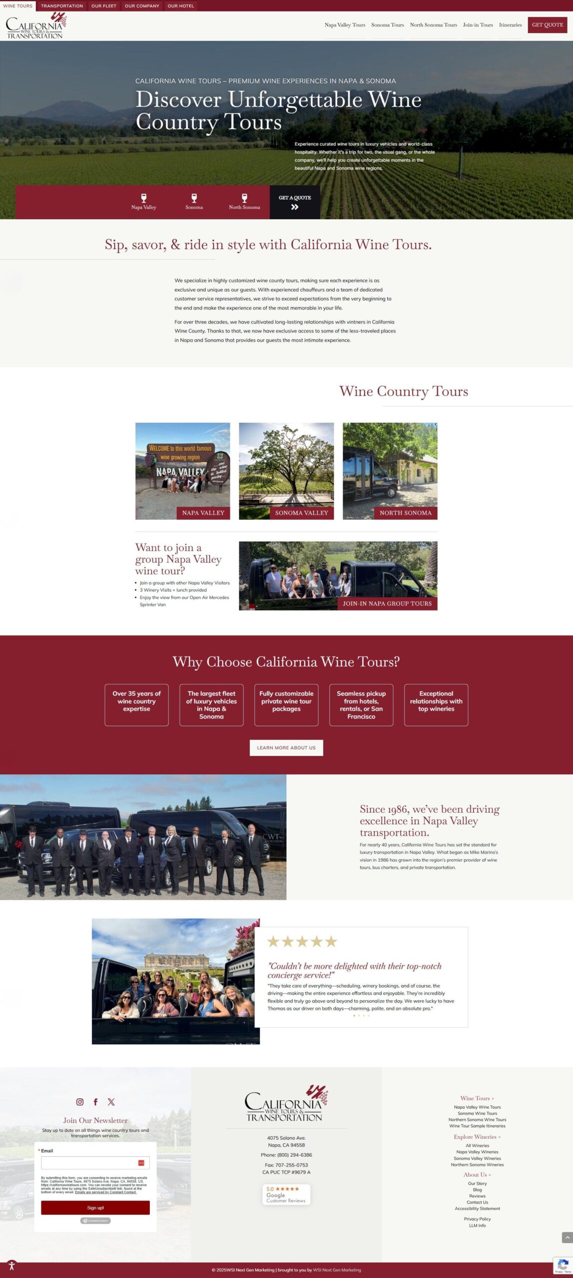 Screenshot of California Wine Tours website homepage