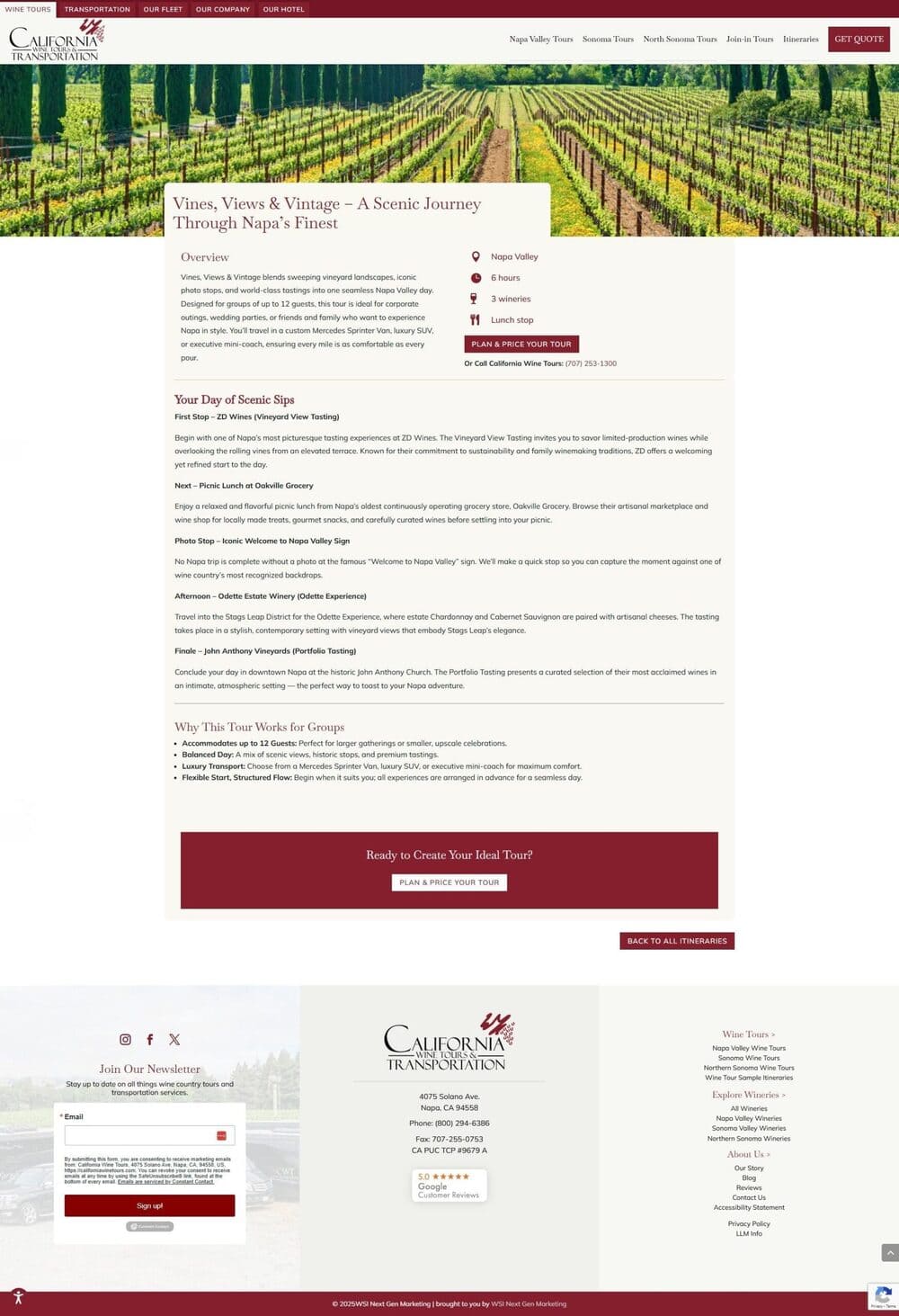 Screenshot of California Wine Tours website - Itinerary page