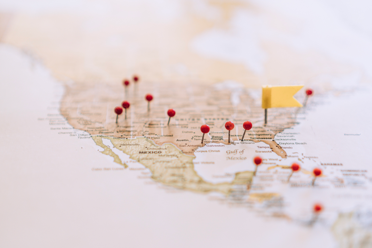 map of united states and areas pin pointed
